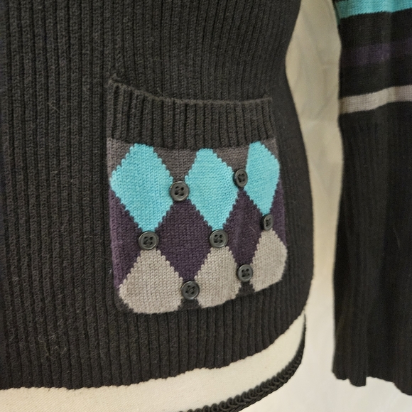 Peck & Peck | Argyle and Striped Cardigan with Button Detail | Size Small - Picture 3 of 9
